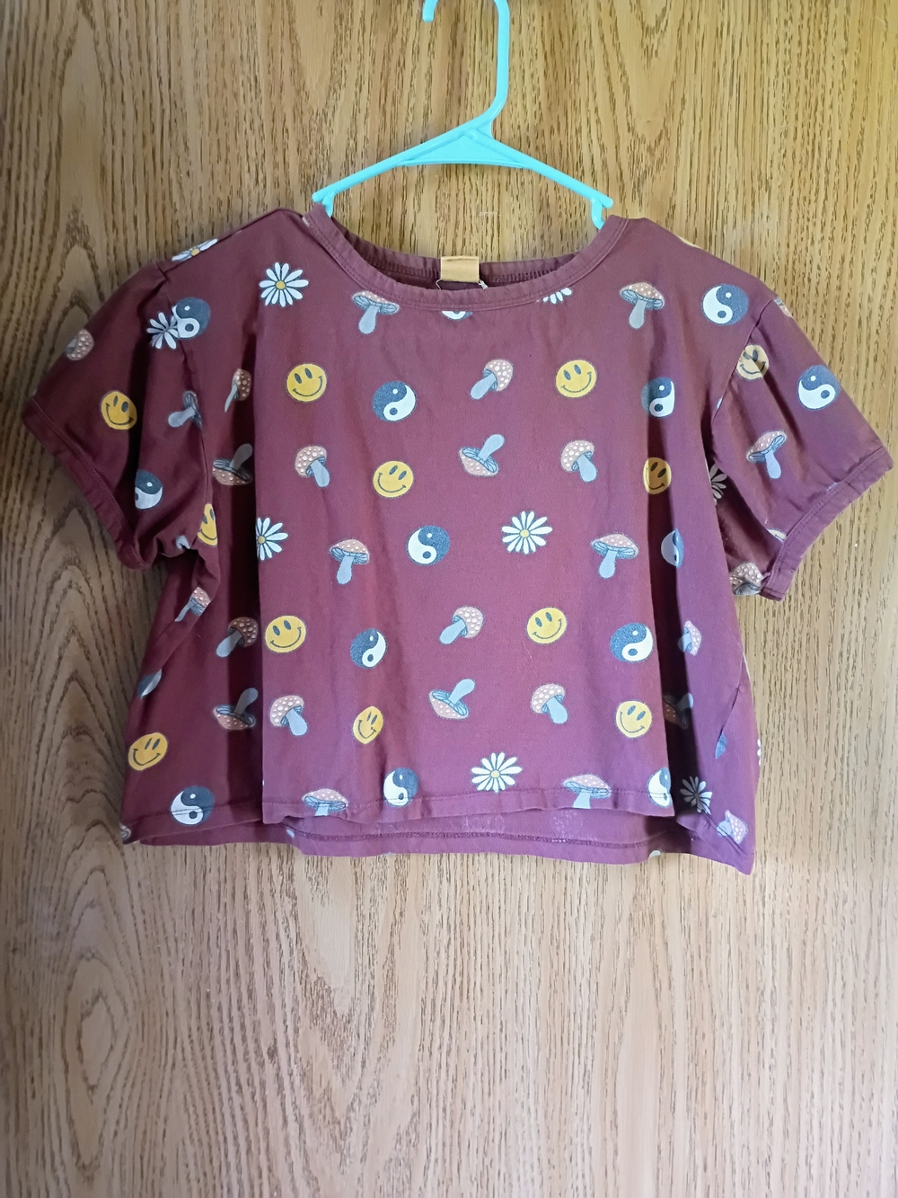 Vibe Plum Crop Tee with Daisy, Smiley & Mushroom Motifs